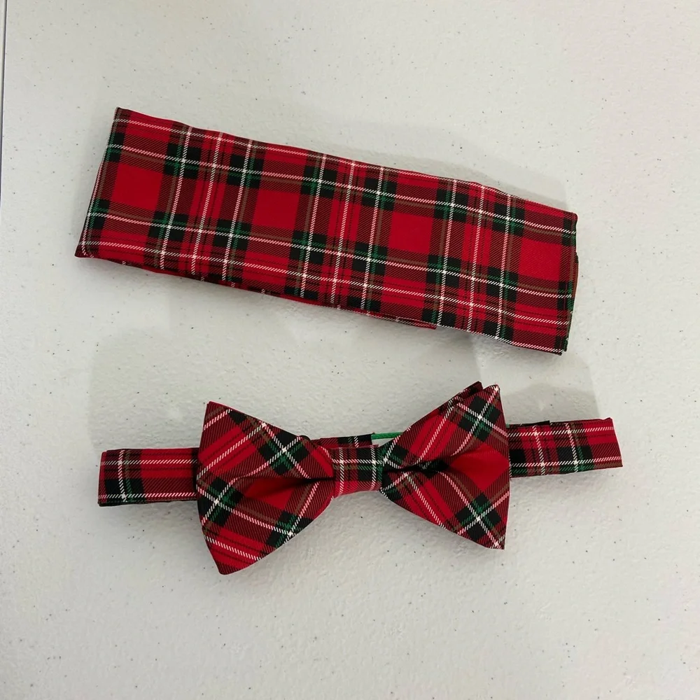 NWOT Noel Holiday Collection men’s red green plaid bow tie matching formal set - Picture 1 of 4